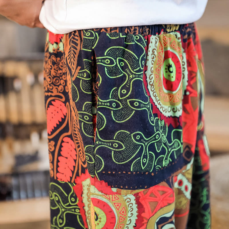 Buddha Stones Red Gold Casual Leaves Print Cotton Men's Harem Pants With Pockets - image 8