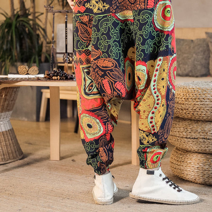 Buddha Stones Red Gold Casual Leaves Print Cotton Men's Harem Pants With Pockets - image 3