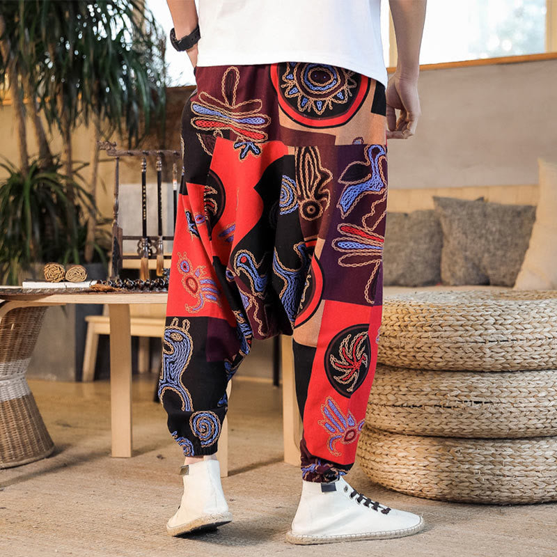 Buddha Stones Grid Flower Print Cotton Men's Harem Pants With Pockets