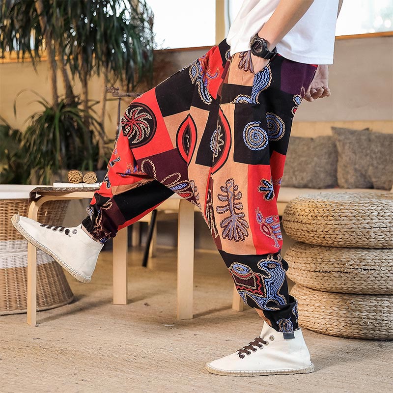 Buddha Stones Grid Flower Print Cotton Men's Harem Pants With Pockets - image 4