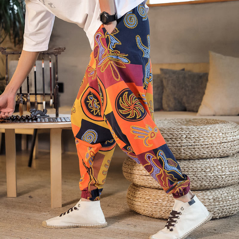 Buddha Stones Grid Flower Print Cotton Men's Harem Pants With Pockets - image 14