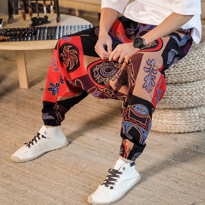 Buddha Stones Grid Flower Print Cotton Men's Harem Pants With Pockets - image 8