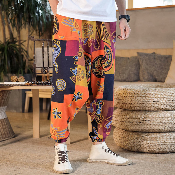 Buddha Stones Grid Flower Print Cotton Men's Harem Pants With Pockets