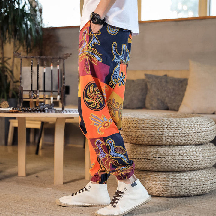 Buddha Stones Grid Flower Print Cotton Men's Harem Pants With Pockets - image 16