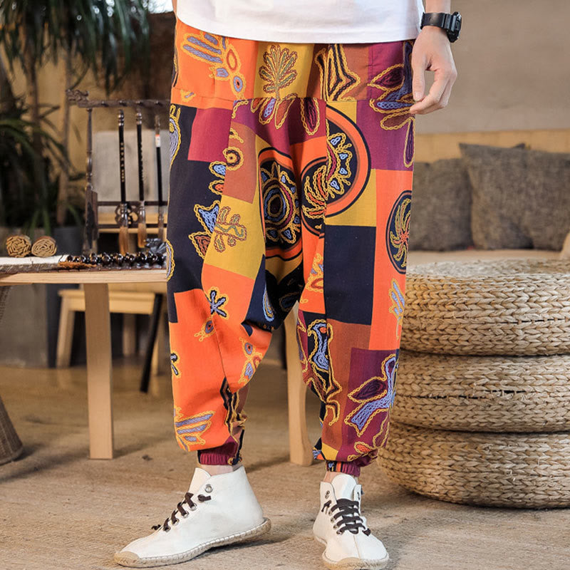 Buddha Stones Grid Flower Print Cotton Men's Harem Pants With Pockets