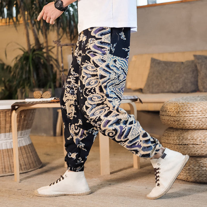 Buddha Stones Chinese Dragon Pattern Cotton Men's Harem Pants With Pockets - Black - US/UK/AU42，EU52 (3XL) - image 0