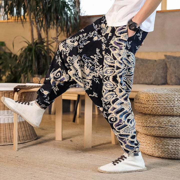Buddha Stones Chinese Dragon Pattern Cotton Men's Harem Pants With Pockets - image 6