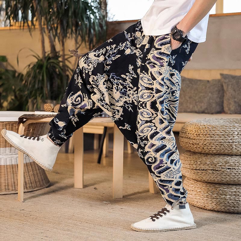 Buddha Stones Chinese Dragon Pattern Cotton Men's Harem Pants With Pockets