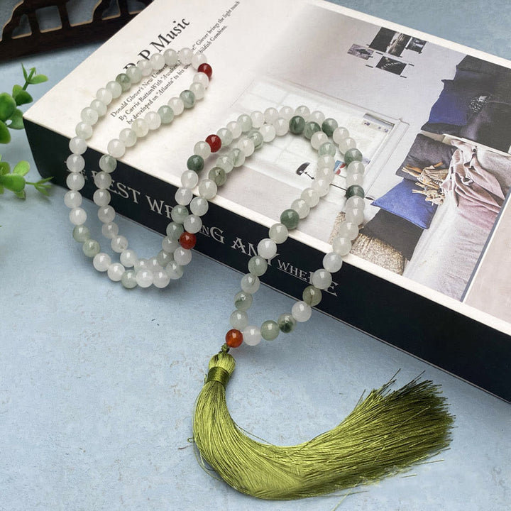 Buddha Stones 108 Mala Beads Natural Tianshan Jade Tassel Luck Bracelet