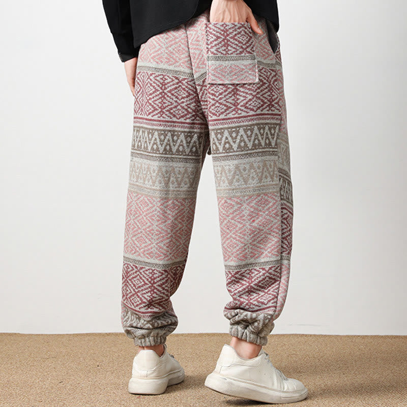 Buddha Stones Ethnic Jacquard Knitting Drawstring Men's Pants With Pockets