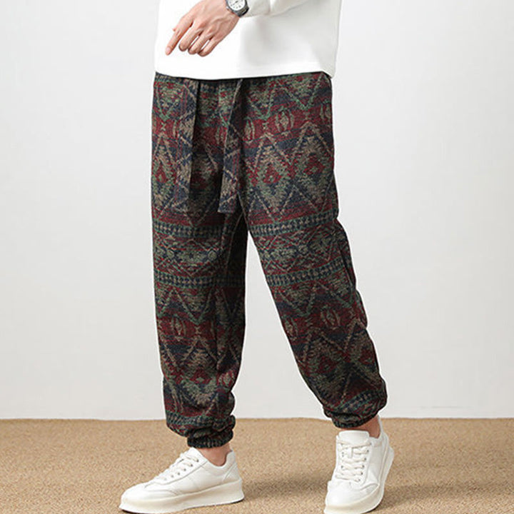 Buddha Stones Ethnic Jacquard Knitting Drawstring Men's Pants With Pockets