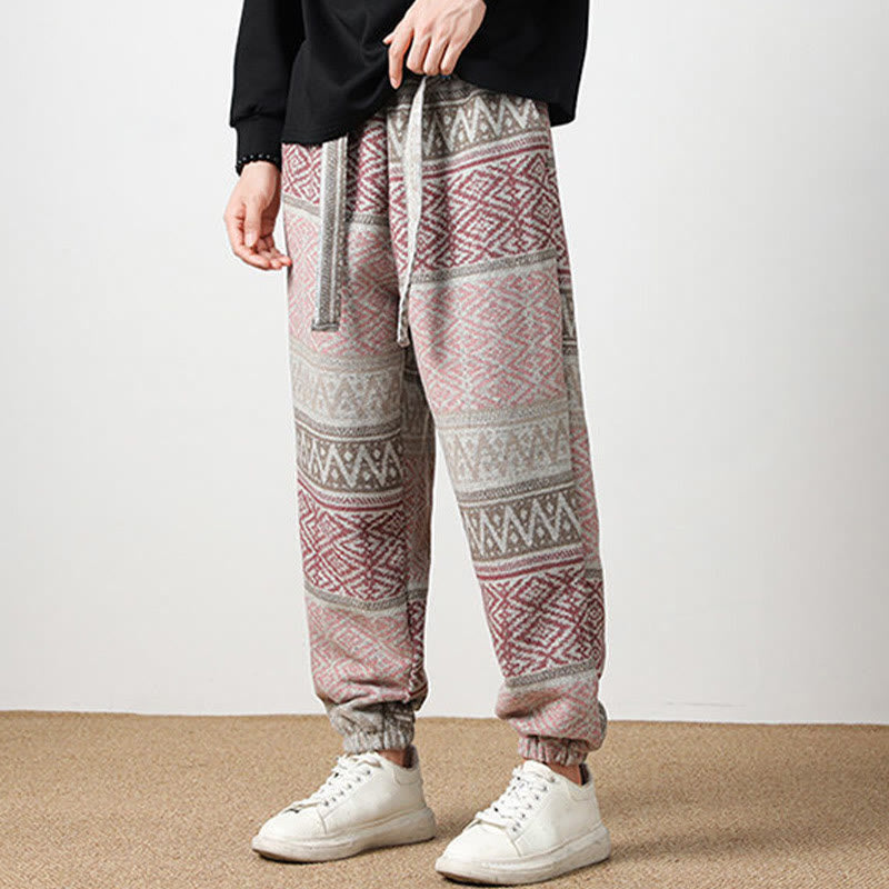 Buddha Stones Ethnic Jacquard Knitting Drawstring Men's Pants With Pockets