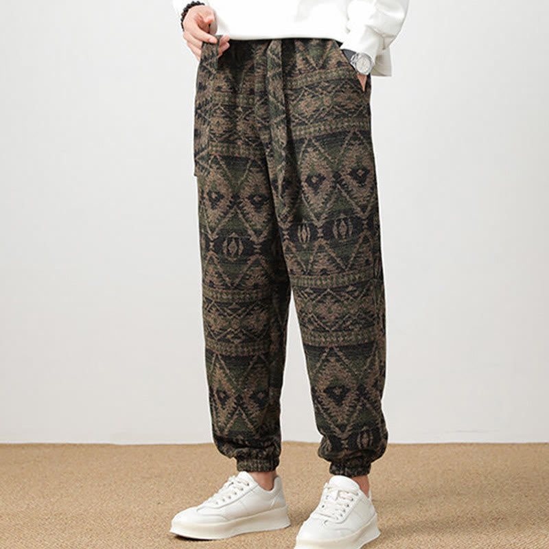 Buddha Stones Ethnic Jacquard Knitting Drawstring Men's Pants With Pockets