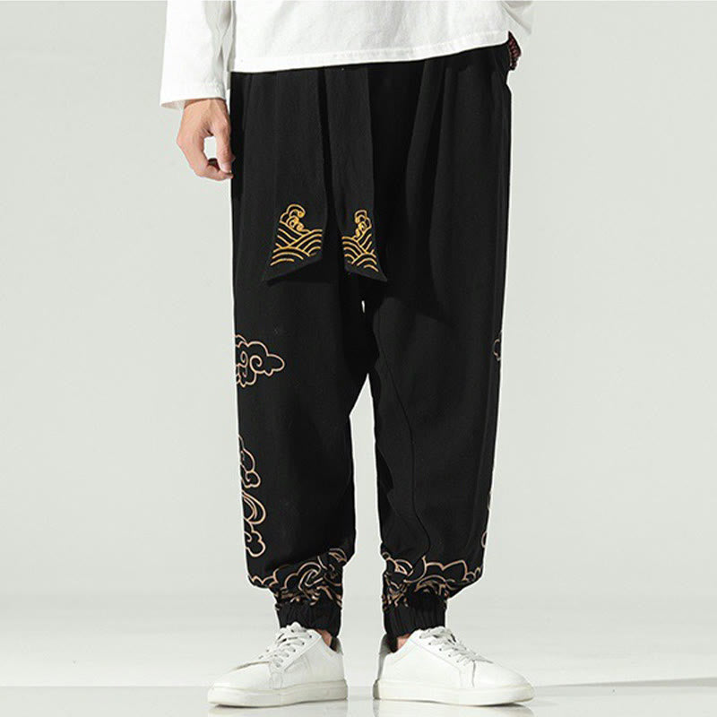 Buddha Stones Auspicious Clouds Cotton Linen Men's Drawstring Harem Pants With Pockets