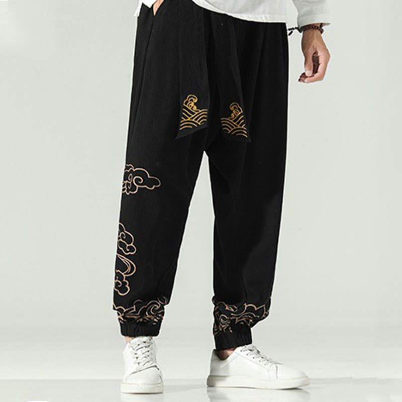 Buddha Stones Auspicious Clouds Cotton Linen Men's Drawstring Harem Pants With Pockets