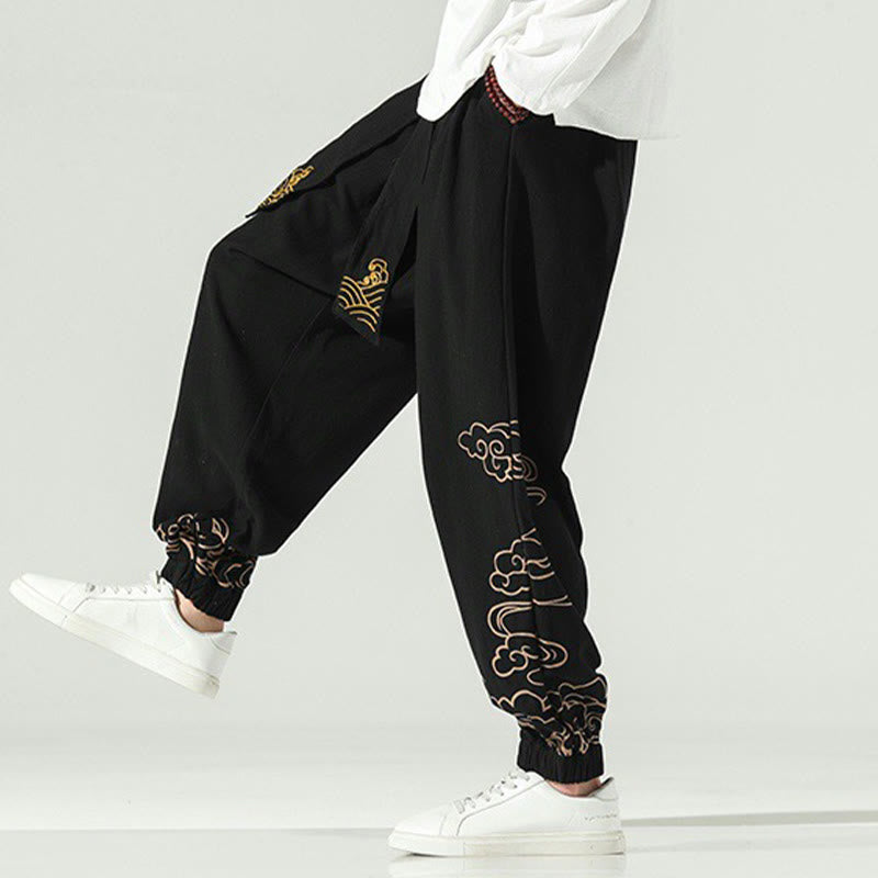 Buddha Stones Auspicious Clouds Cotton Linen Men's Drawstring Harem Pants With Pockets - image 7