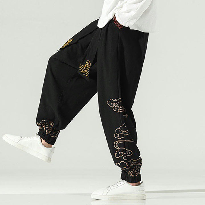 Buddha Stones Auspicious Clouds Cotton Linen Men's Drawstring Harem Pants With Pockets - image 7
