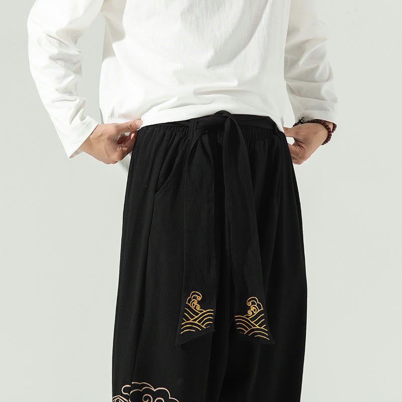 Buddha Stones Auspicious Clouds Cotton Linen Men's Drawstring Harem Pants With Pockets