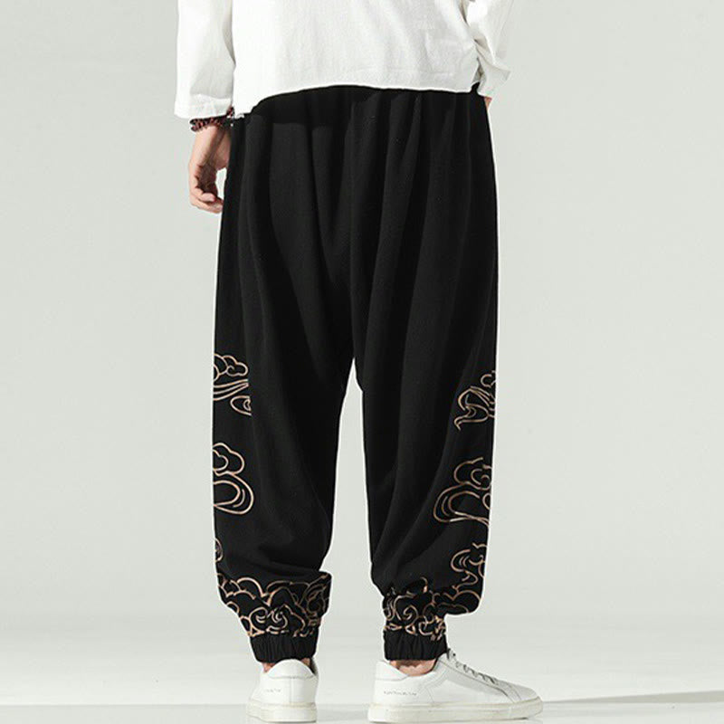 Buddha Stones Auspicious Clouds Cotton Linen Men's Drawstring Harem Pants With Pockets - image 4