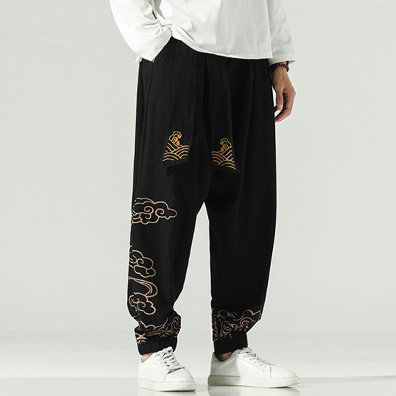 Buddha Stones Auspicious Clouds Cotton Linen Men's Drawstring Harem Pants With Pockets - image 1