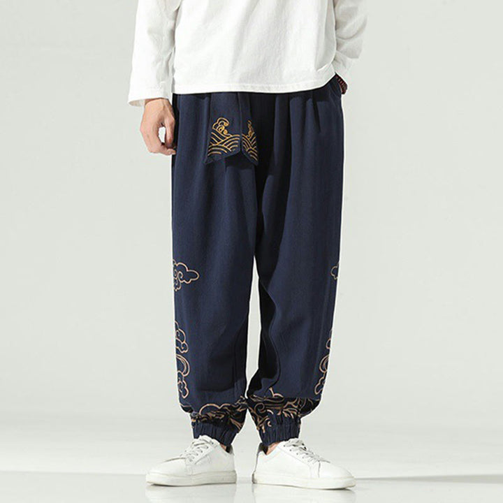 Buddha Stones Auspicious Clouds Cotton Linen Men's Drawstring Harem Pants With Pockets