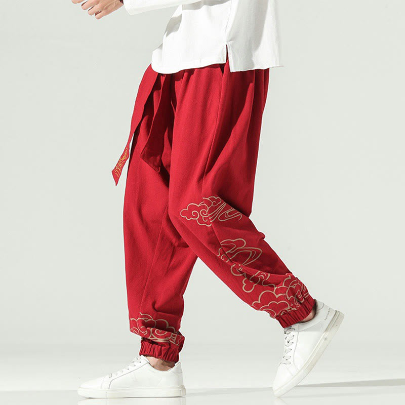 Buddha Stones Auspicious Clouds Cotton Linen Men's Drawstring Harem Pants With Pockets - image 20
