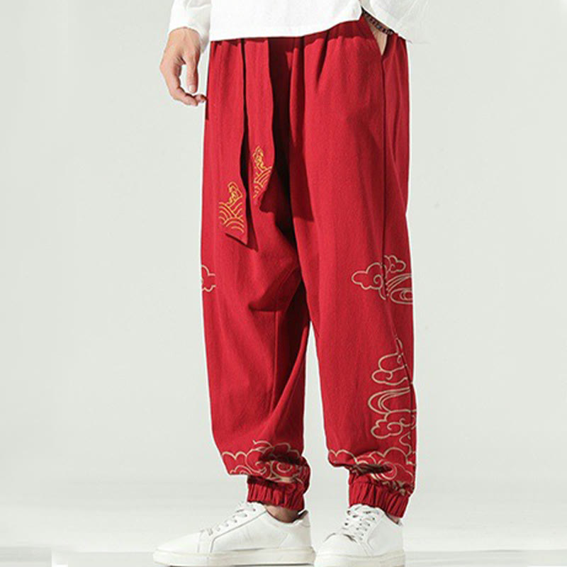 Buddha Stones Auspicious Clouds Cotton Linen Men's Drawstring Harem Pants With Pockets - image 19