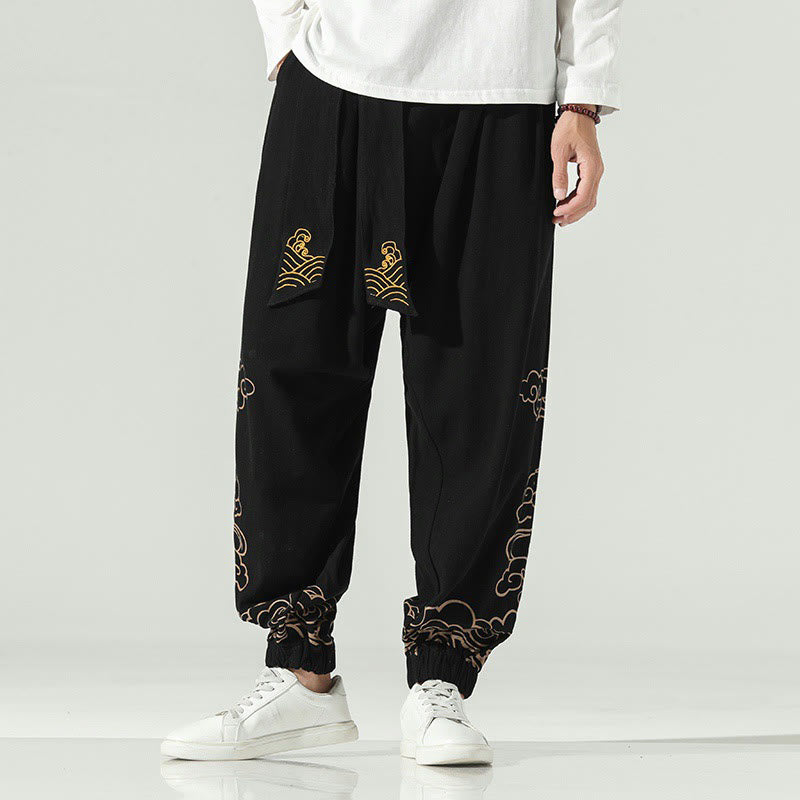 Buddha Stones Auspicious Clouds Cotton Linen Men's Drawstring Harem Pants With Pockets