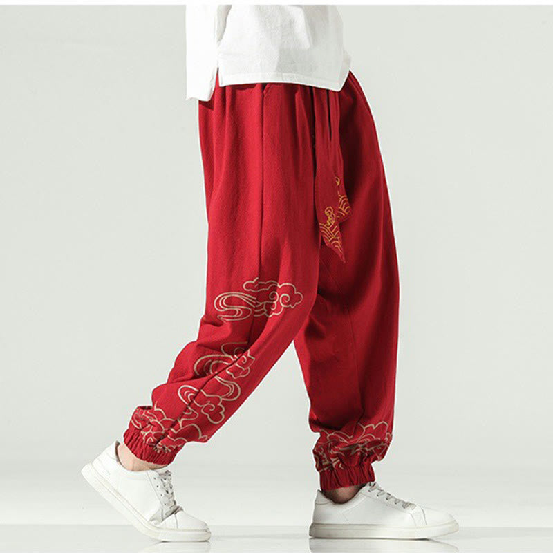 Buddha Stones Auspicious Clouds Cotton Linen Men's Drawstring Harem Pants With Pockets