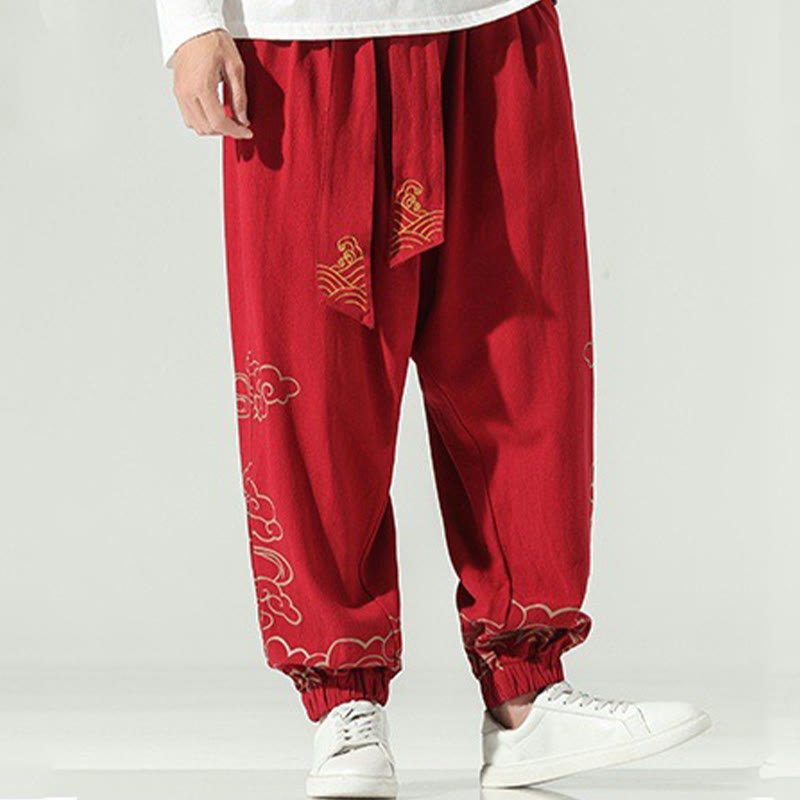 Buddha Stones Auspicious Clouds Cotton Linen Men's Drawstring Harem Pants With Pockets