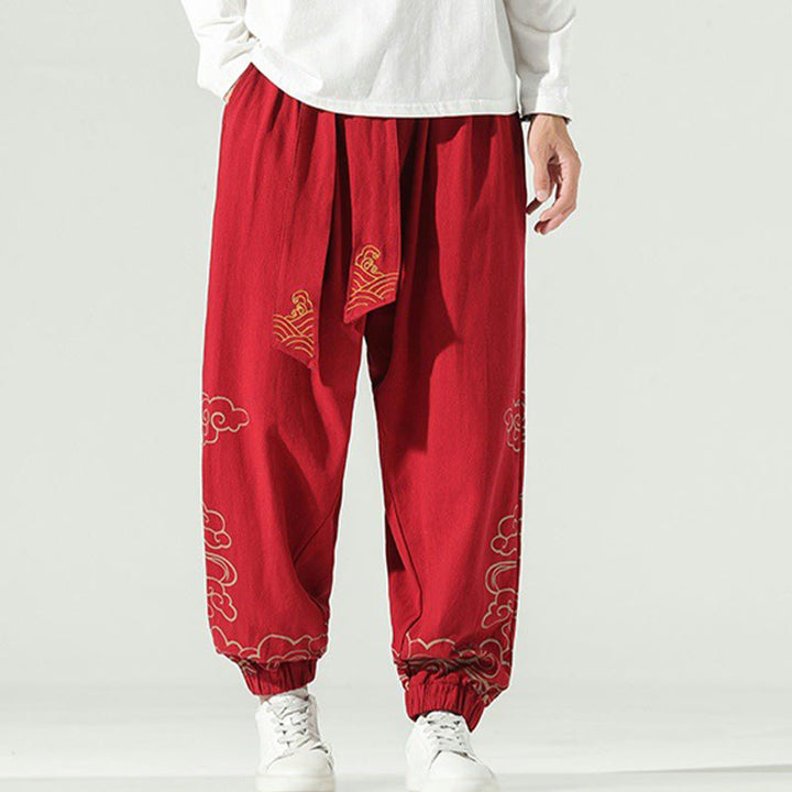 Buddha Stones Auspicious Clouds Cotton Linen Men's Drawstring Harem Pants With Pockets