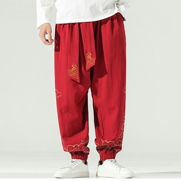Buddha Stones Auspicious Clouds Cotton Linen Men's Drawstring Harem Pants With Pockets - image 16