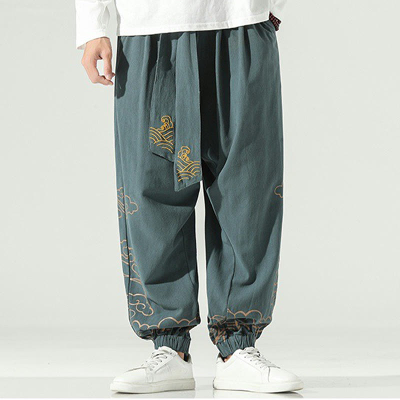 Buddha Stones Auspicious Clouds Cotton Linen Men's Drawstring Harem Pants With Pockets