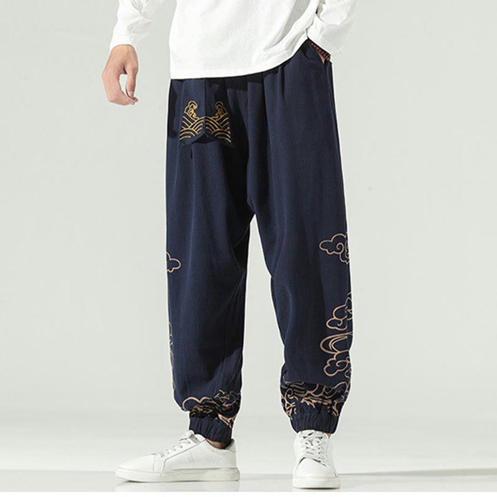 Buddha Stones Auspicious Clouds Cotton Linen Men's Drawstring Harem Pants With Pockets - image 13