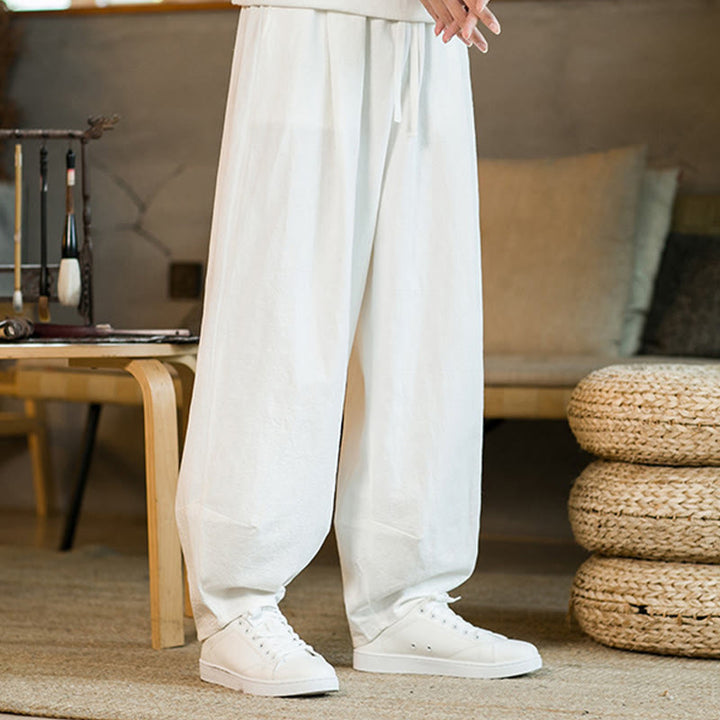 Buddha Stones Solid Color Cotton Linen Drawstring Men's Harem Pants With Pockets - image 18