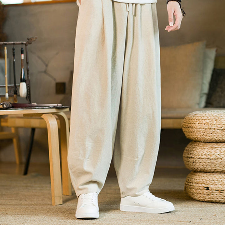 Buddha Stones Solid Color Cotton Linen Drawstring Men's Harem Pants With Pockets - Beige - US/UK/AU46，EU56 (5XL) - image 24