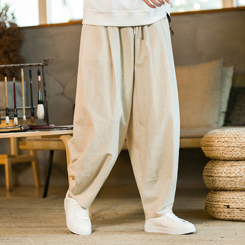 Buddha Stones Solid Color Cotton Linen Drawstring Men's Harem Pants With Pockets - image 27
