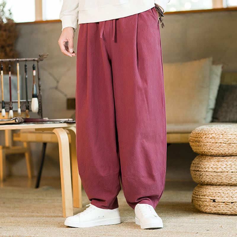 Buddha Stones Solid Color Cotton Linen Drawstring Men's Harem Pants With Pockets - image 6