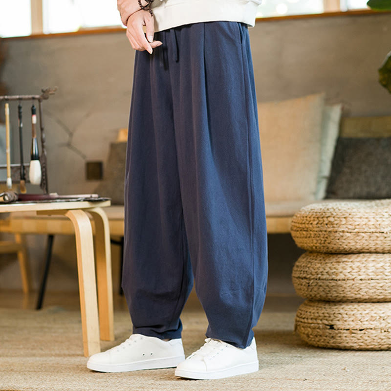 Buddha Stones Solid Color Cotton Linen Drawstring Men's Harem Pants With Pockets - image 4