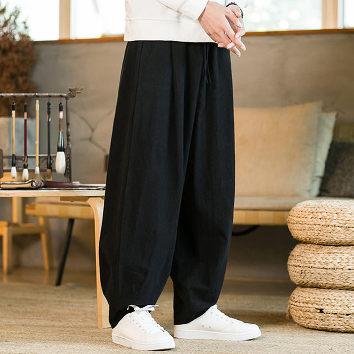 Buddha Stones Solid Color Cotton Linen Drawstring Men's Harem Pants With Pockets