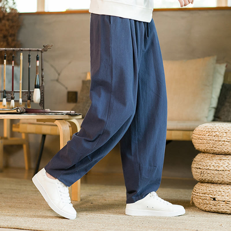Buddha Stones Solid Color Cotton Linen Drawstring Men's Harem Pants With Pockets - image 1