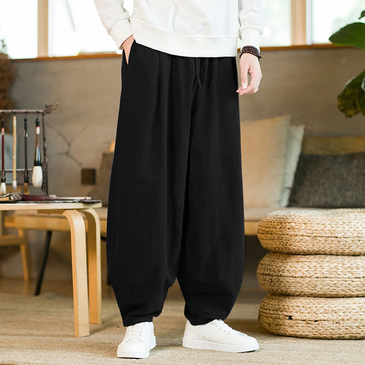 Buddha Stones Solid Color Cotton Linen Drawstring Men's Harem Pants With Pockets - Black - US/UK/AU46，EU56 (5XL) - image 11