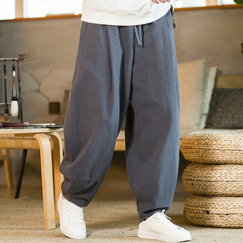 Buddha Stones Solid Color Cotton Linen Drawstring Men's Harem Pants With Pockets - image 32