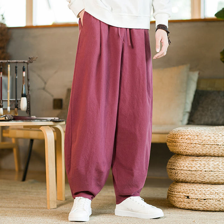 Buddha Stones Solid Color Cotton Linen Drawstring Men's Harem Pants With Pockets - DeepPink - US/UK/AU46，EU56 (5XL) - image 5