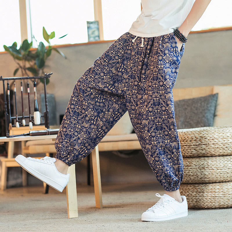 Buddha Stones Golden Mandala Pattern Cotton Linen Drawstring Men's Harem Pants With Pockets - image 3