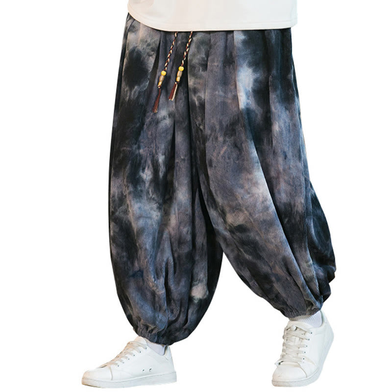 Buddha Stones Ink Tie-dye Braided Drawstring Corduroy Cotton Men's Harem Pants With Pockets