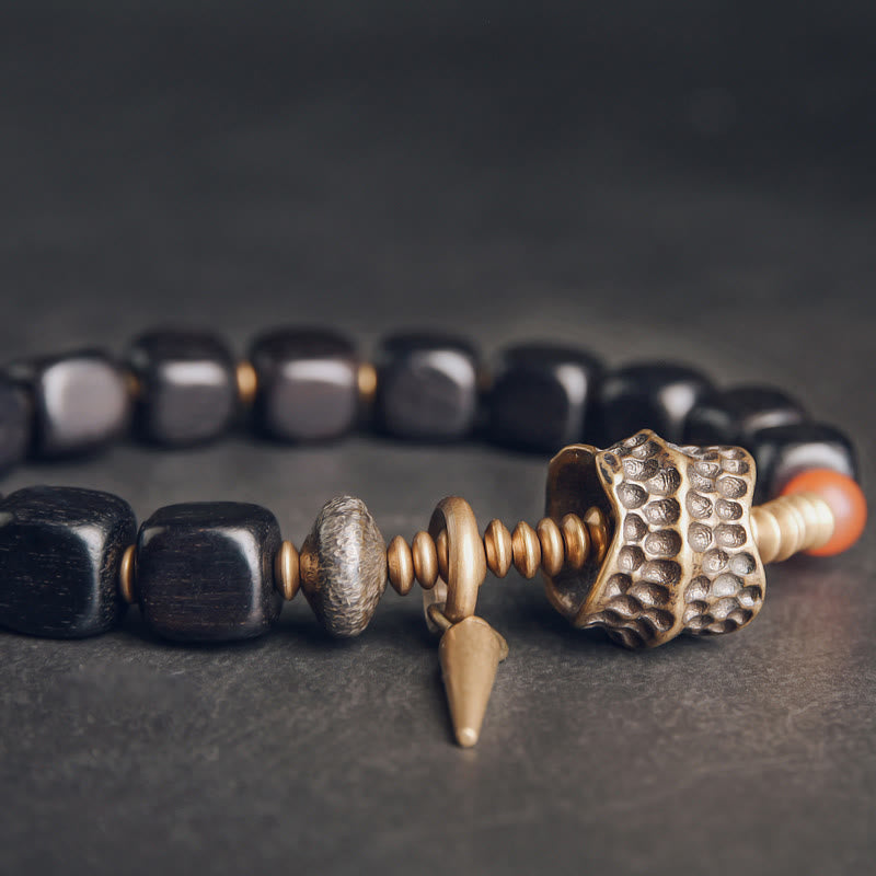 Buddha Stones Ebony Wood Copper Brass Red Agate Peace Bracelet