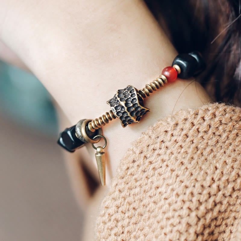 Buddha Stones Ebony Wood Copper Brass Red Agate Peace Bracelet