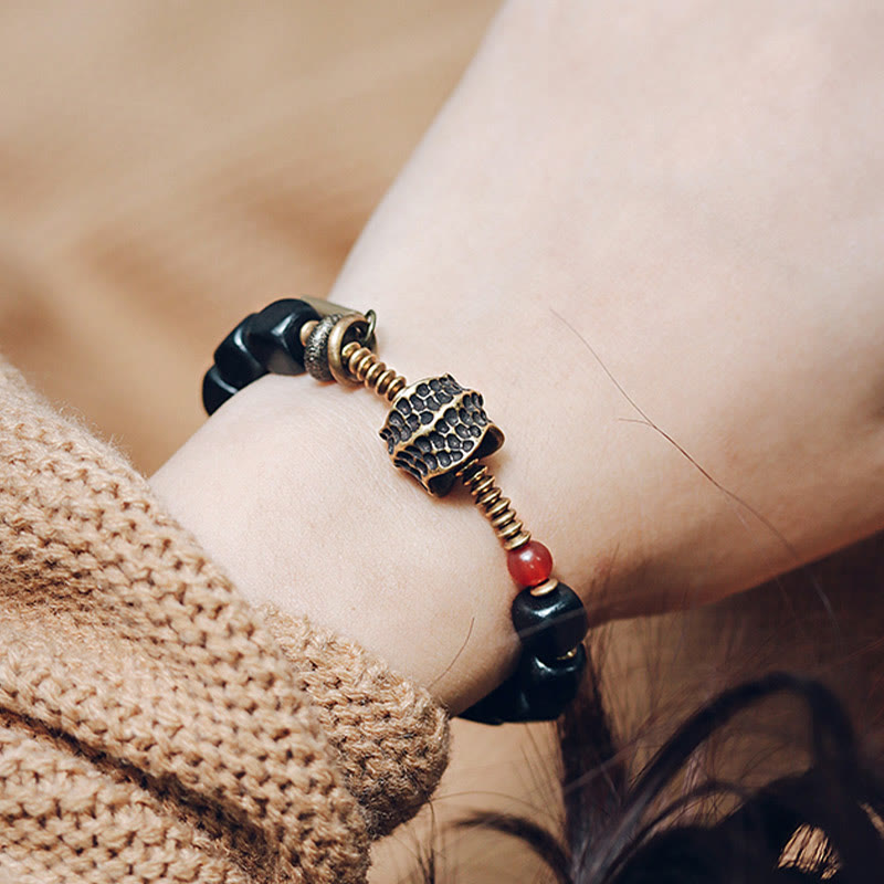 Buddha Stones Ebony Wood Copper Brass Red Agate Peace Bracelet