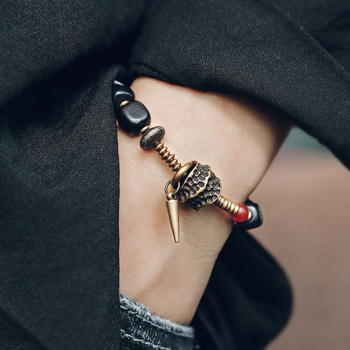 Buddha Stones Ebony Wood Copper Brass Red Agate Peace Bracelet